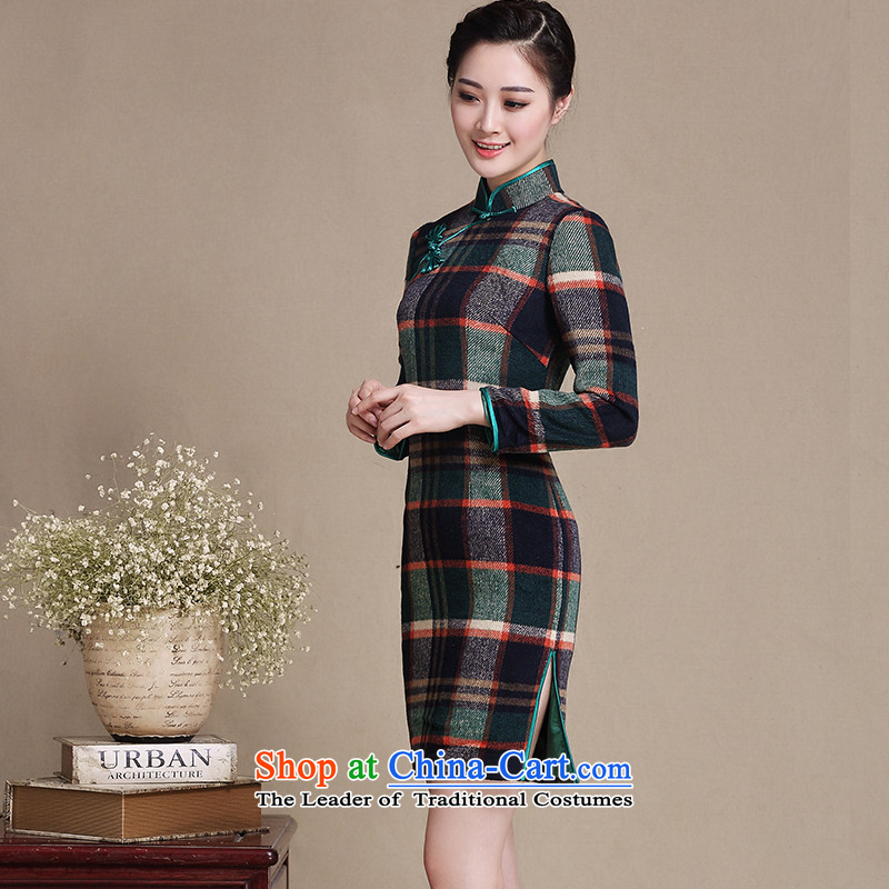 Ink 歆 manga new long-sleeved gross qipao? Fall/Winter Collections retro style patterned new skirt qipao Sau San, improved cheongsam dress Y3221 Grid Color Ink (MOXIN 歆 XL,....) shopping on the Internet