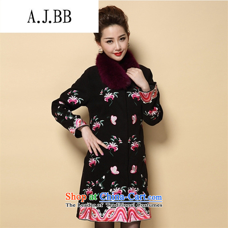 Memnarch 琊 Connie Shop 2015 autumn and winter in the new mother with older heavy industry in large embroidered long a wool coat black 4XL,A.J.BB,,, shopping on the Internet