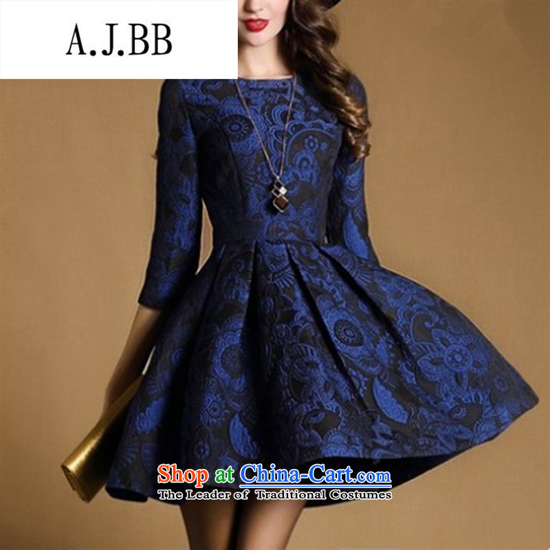 Memnarch 琊 Connie Shop 2015 Autumn New) lady jacquard round-neck collar stereo Sau San A skirt dresses blue L,A.J.BB,,, shopping on the Internet