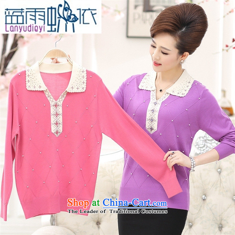 September Girl Store * new fall in older women wear long-sleeved T-shirt, large relaxd low reverse collar middle-aged moms Knitted Shirt with pink 115 Blue rain butterfly according to , , , shopping on the Internet