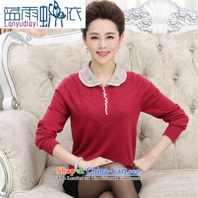September Girl Store _ new stylish simplicity to the elderly in the knitwear mother Dressed Dolls collar long-sleeved spell color diamond Sau San Sweater Western Red?115