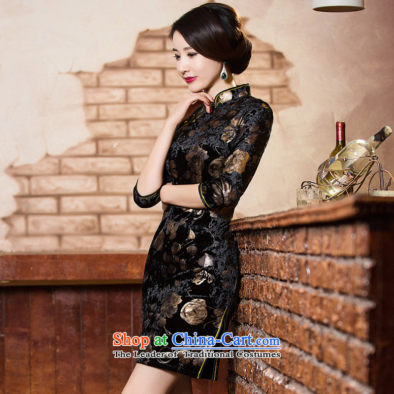 The Dream of the 2015 retro 歆 scouring pads in the autumn of qipao older mother load improved cheongsam dress gold stamp cheongsam dress QD302 Black Ink (MOXIN 歆, L) , , , shopping on the Internet