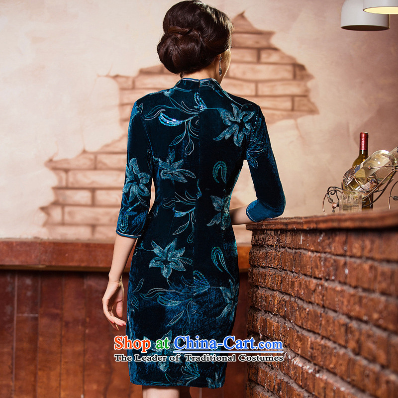 The Dutch blue 2015 on 歆 chip in the autumn of qipao scouring pads older MOM pack improved cheongsam dress cheongsam dress Chinese Q303-5 Ms. blue-green ink 歆 M (MOXIN) , , , shopping on the Internet