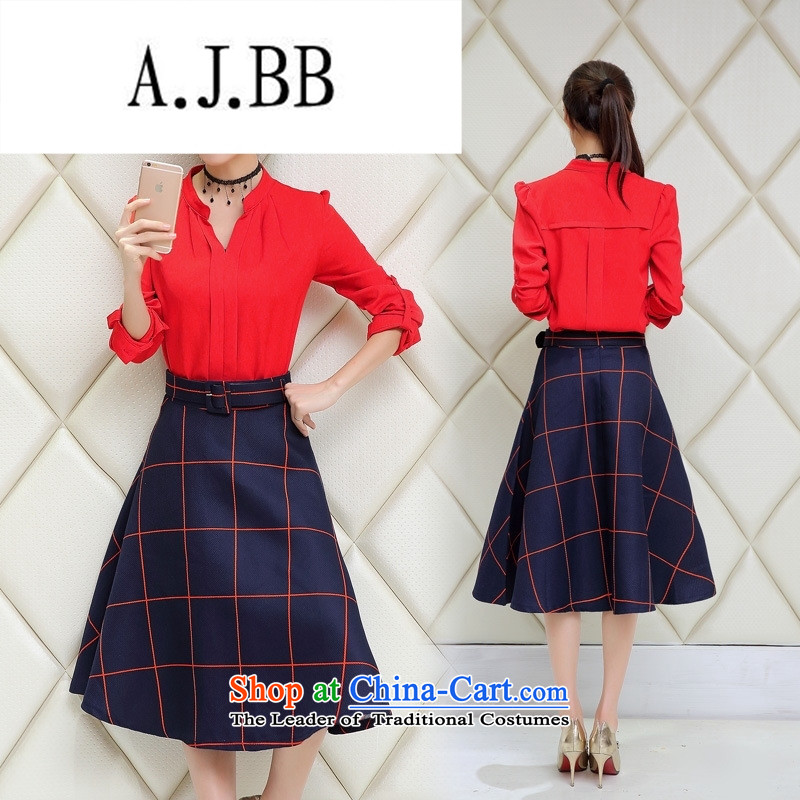 Connie shop autumn 琊 Memnarch load new Korean female red shirt + Long latticed two kits dresses red?L