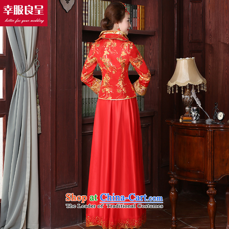 The bride with a drink service red autumn 2015 new cheongsam dress Chinese wedding dress improved large stylish wedding dress 9 sleeve length dress + model with 68 Head Ornaments , L, a service-leung , , , shopping on the Internet