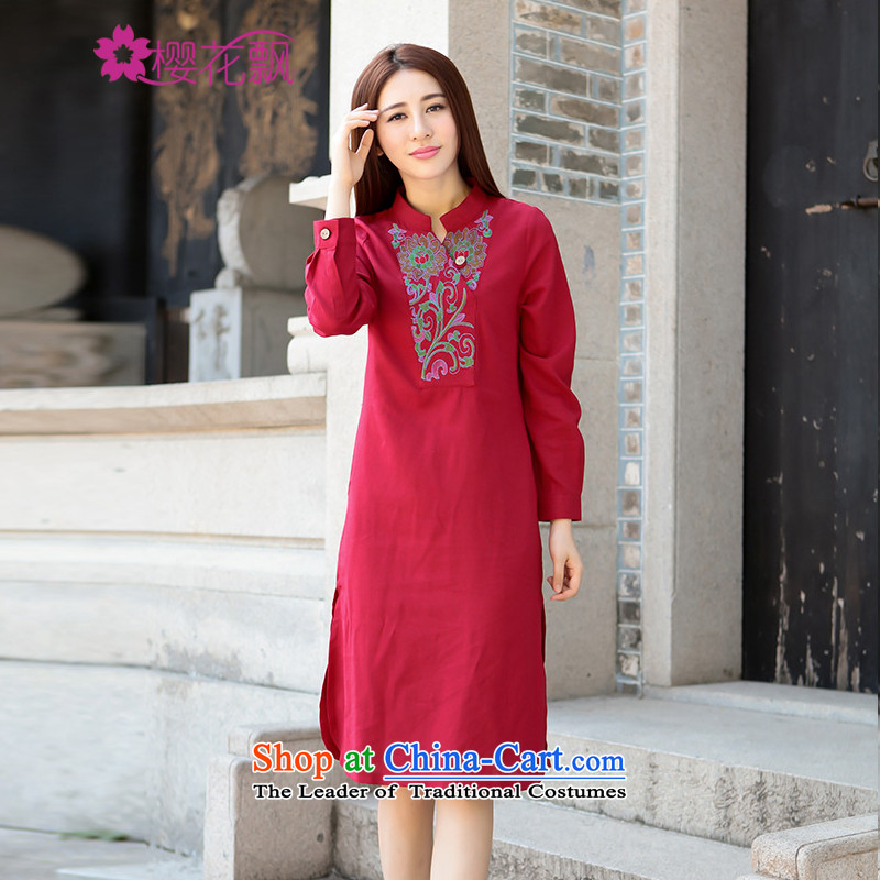 Cherry blossoms drift 2015 autumn and winter decorated new women's body cotton linen v-neck embroidered dress improved female red , L, cherry blossoms Qipao (yinghuapiao drift) , , , shopping on the Internet