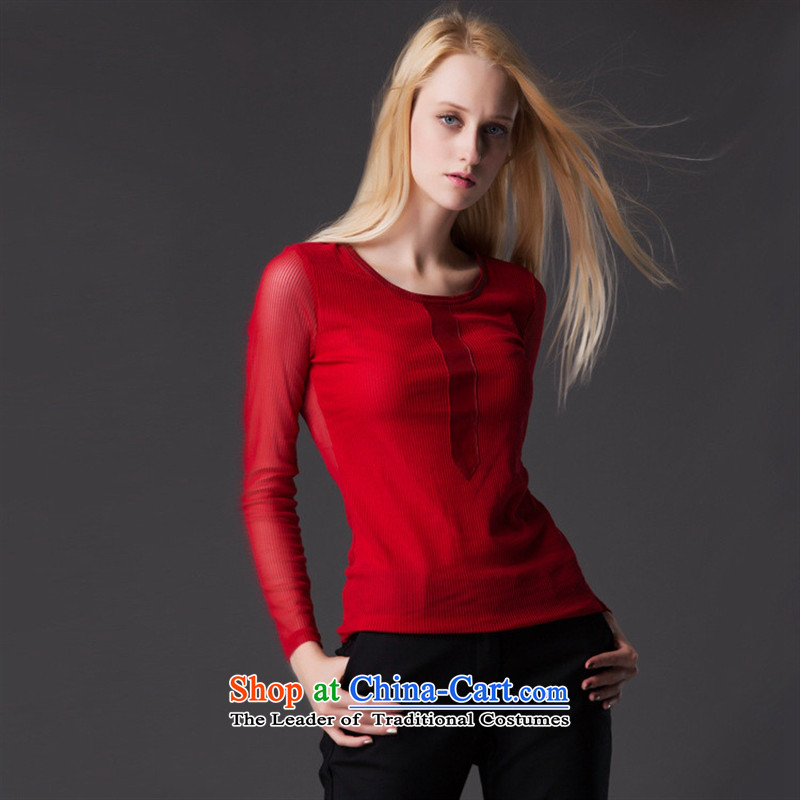 The European station 2015 Autumn Hami load new larger women wear shirts gauze spell Leather Slim, Sau San video thin long-sleeved T-shirt , blue rain butterfly red to , , , shopping on the Internet