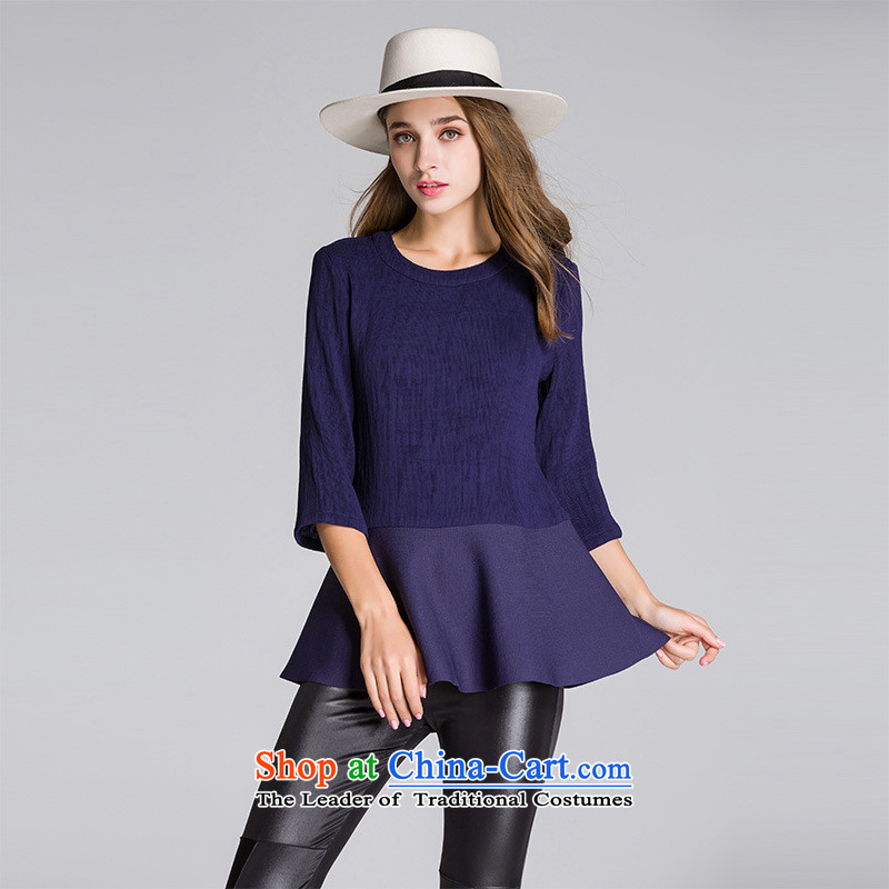 Hami 2015 autumn and winter new European and American women wear T-shirt with round collar 7 knitting T-shirt-sleeves Sau San deep blue T-shirt?M