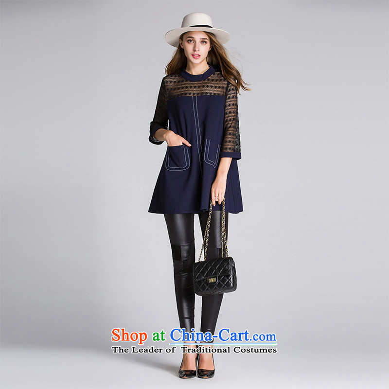 The main European site fall 2015 high-end female lace stitched cotton knit collar 7 Cuff A loose coat black T-shirt , blue rain butterfly according to , , , shopping on the Internet