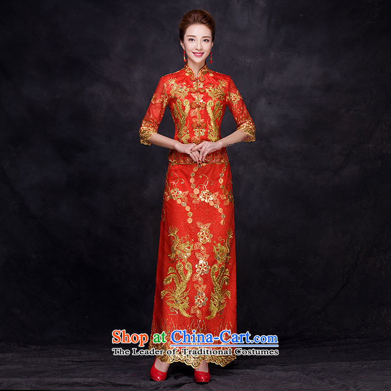2015 Autumn and winter new dragon use skirt bride dress marriage bows services wedding gown Chinese qipao seven long-sleeved red XL