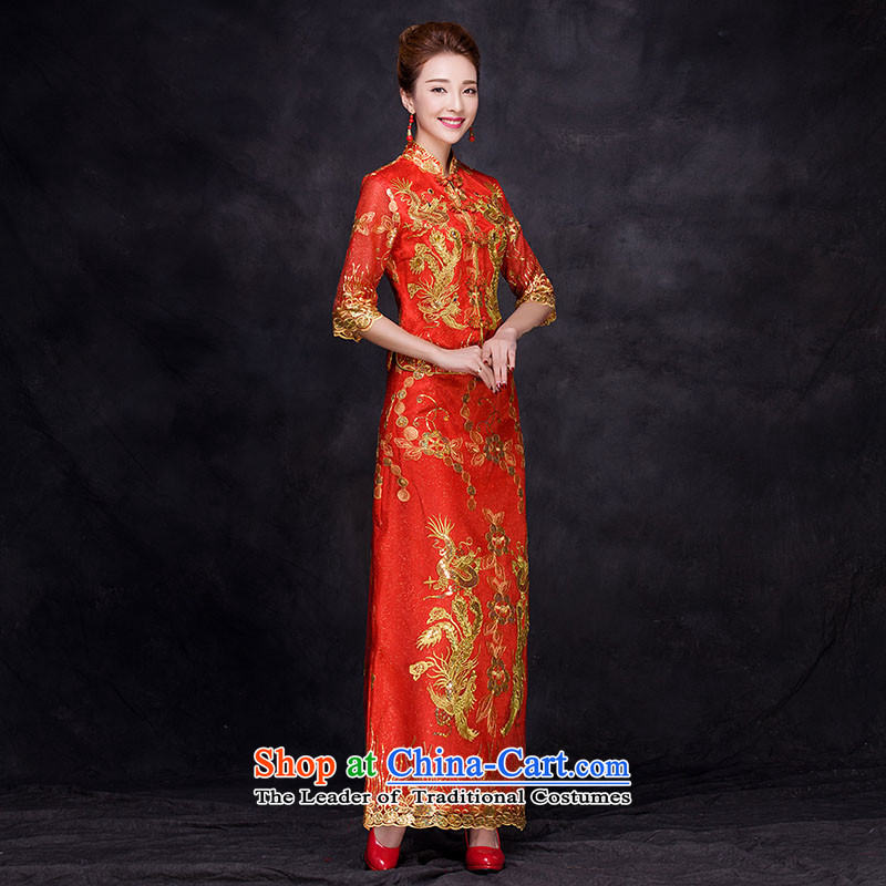 2015 Autumn and winter new dragon use skirt bride dress marriage bows services wedding gown Chinese qipao seven long-sleeved red Xl,oco,,, shopping on the Internet