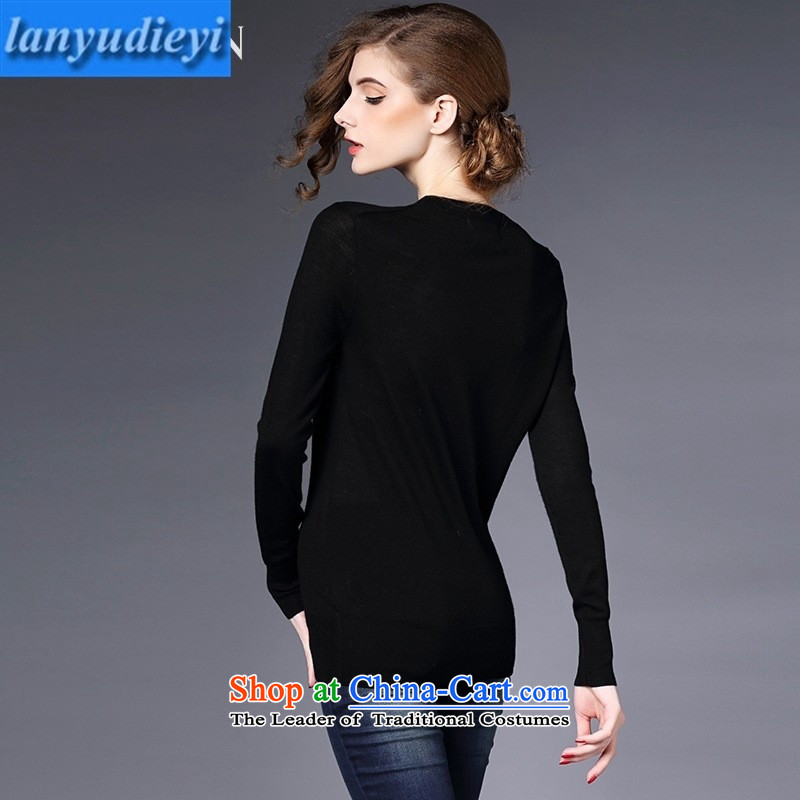 The European station 2015 Autumn Hami new long-sleeved light decorated with lips Sau San knitted T-shirt , black girl butterfly according to , , , Blue rain shopping on the Internet