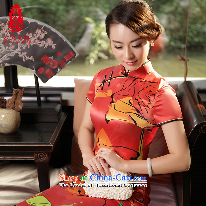 The Wu Female Red Silk Cheongsam 2015 Fall_Winter Collections of daily in the new long in Sau San cheongsam dress cuff dresses red?L