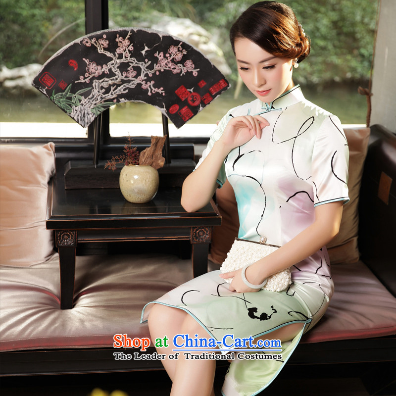 The Wu female red autumn and winter silk cheongsam dress with new daily   2015 in long cheongsam dress green S, Wu female red , , , shopping on the Internet