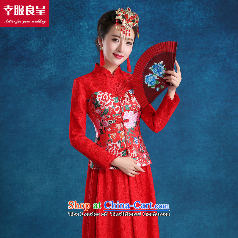 The privilege of serving the bride-leung bows qipao red wedding services long large winter wedding dress costume hi-red long long-sleeved + model with 68 Head Ornaments S-- concept of province package of services, $10-leung , , , shopping on the Internet