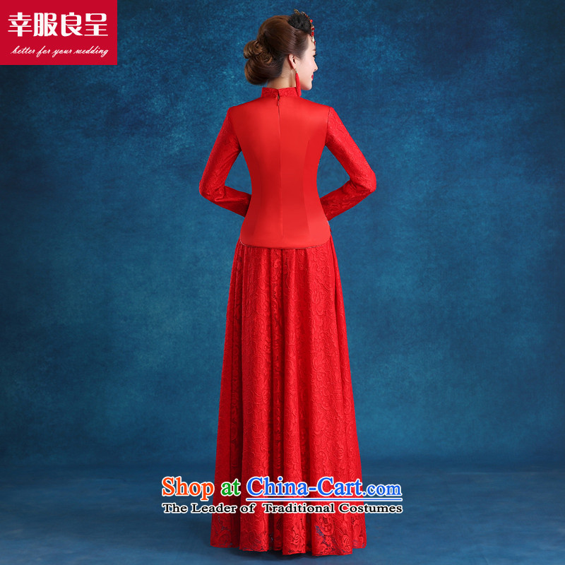 The privilege of serving the bride-leung bows qipao red wedding services long large winter wedding dress costume hi-red long long-sleeved + model with 68 Head Ornaments S-- concept of province package of services, $10-leung , , , shopping on the Internet