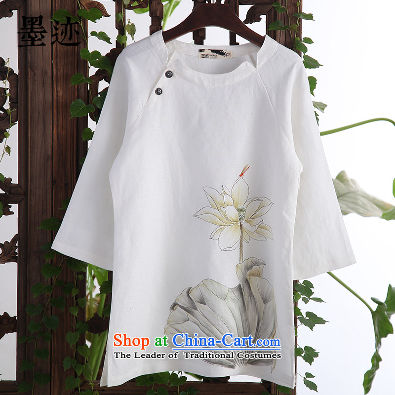 Load new literary ink autumn female linen clothes intuition of the lotus pond, Retro UNIFEM Han-elegant and relaxing wild White XL