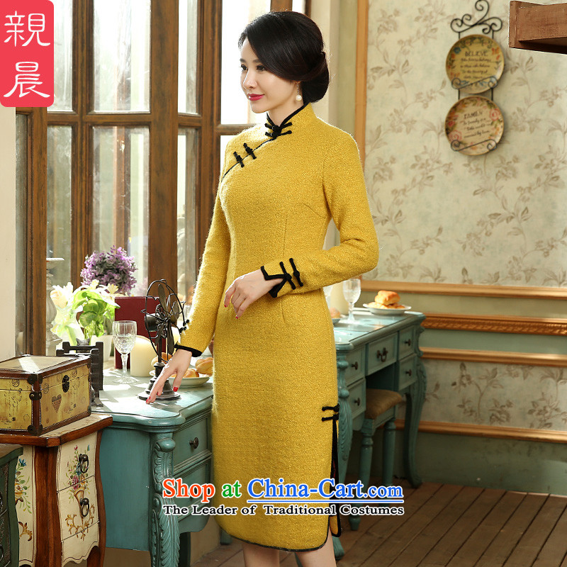 The cheongsam dress autumn and winter 2015 New Stylish retro-to-day wool gross? long-sleeved Ms. Sau San dresses large yellow L