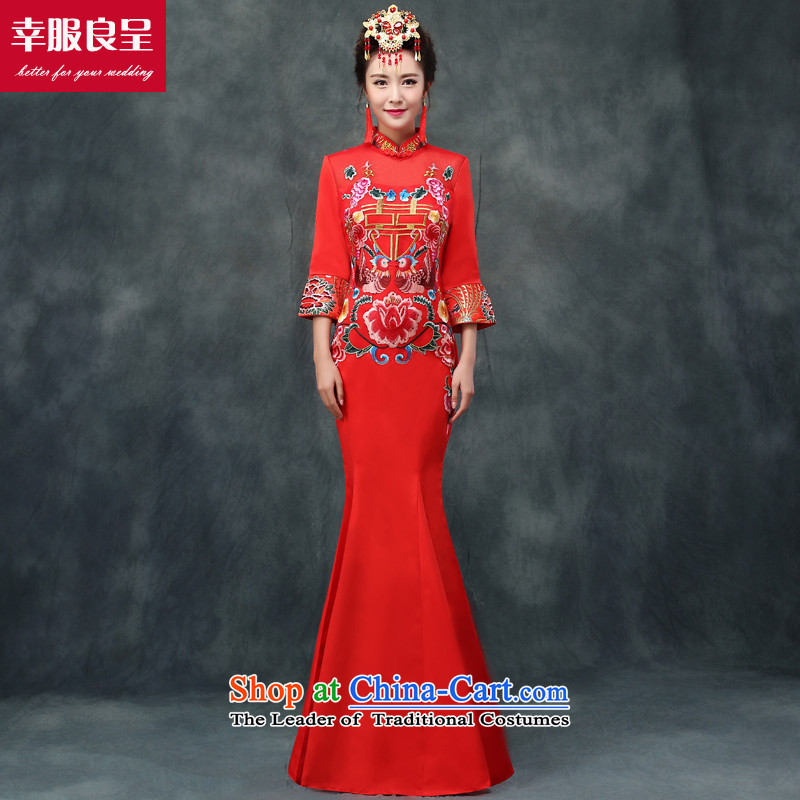 The privilege of serving-leung bows service bridal dresses red Chinese wedding dress large high fashion show long serving long-sleeved winter wo wedding dress qipao + model crowsfoot with 68 Head Ornaments XL-- concept of province package of services, $10
