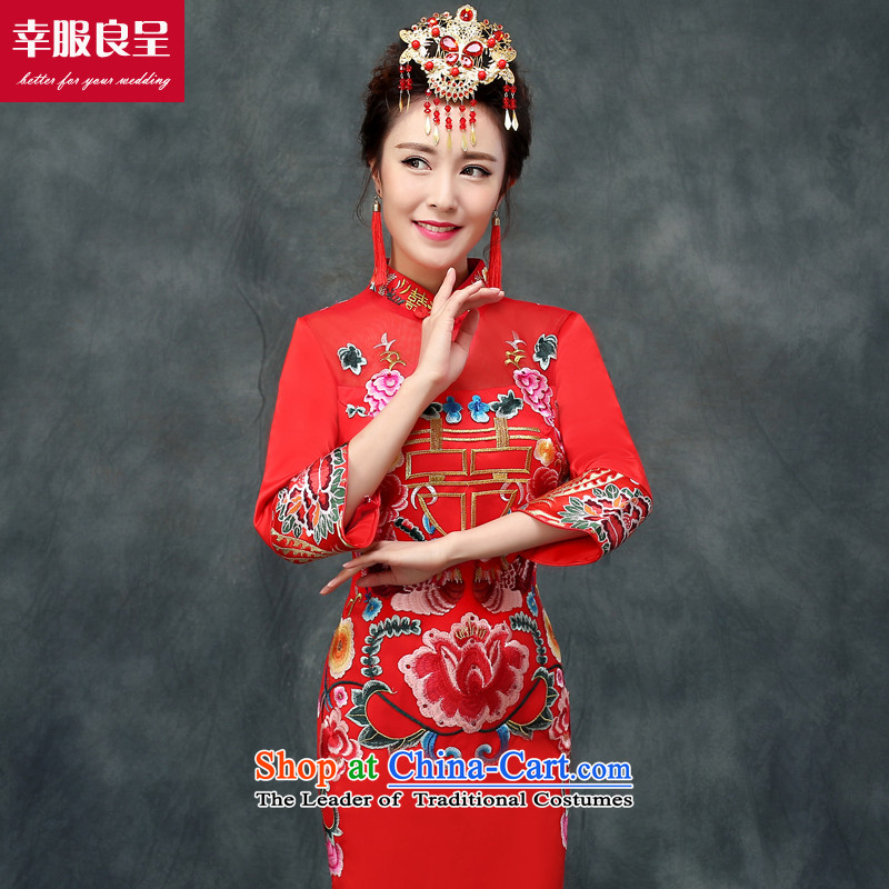The privilege of serving-leung bows service bridal dresses red Chinese wedding dress large high fashion show long serving long-sleeved winter wo wedding dress qipao + model crowsfoot with 68 Head Ornaments XL-- concept of province package of services, $10