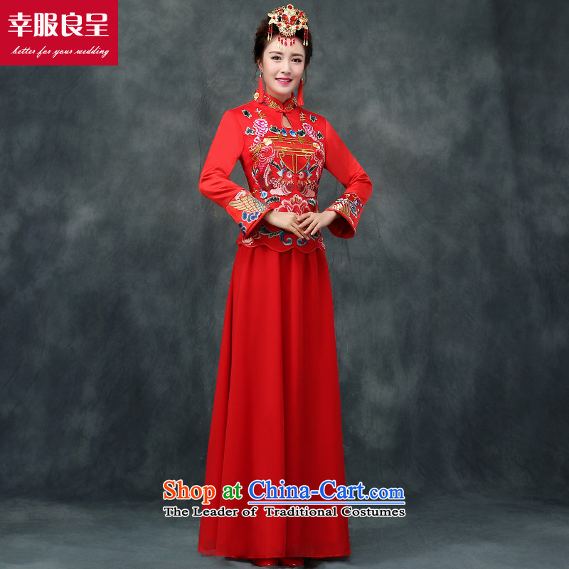 The privilege of serving-leung bows services red CHINESE CHEONGSAM wedding dress autumn and winter long-serving long-sleeved bride marry Wo Yi two kits cheongsam + model with 68 Head Ornaments S-- concept of province package of services, $10-leung , , , s
