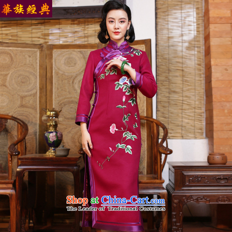 Chinese Classic double-side qipao Serb 2015 autumn and winter new retro improved long-sleeved cheongsam dress the Sau San embroidery daily dark red - 15 days pre-sale?L