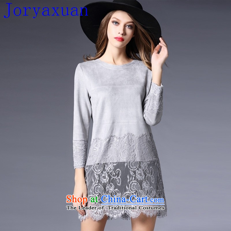 Deloitte Touche Tohmatsu trade shop 2015 autumn and winter female new pure color lace stitching Solid Color 9 to the cuff on round-neck collar forming the Netherlands 11 Gray?S