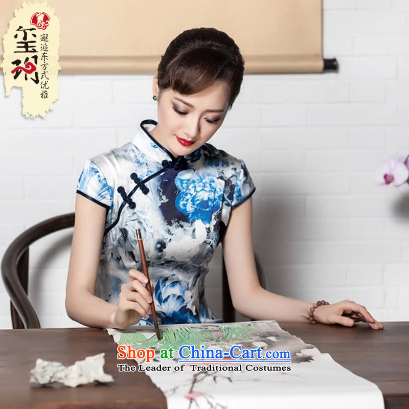 Seal of a new summer 2015 high-end heavy Silk Cheongsam porcelain stamp herbs extract flag female robe skirt picture color M seal decreased by , , , shopping on the Internet