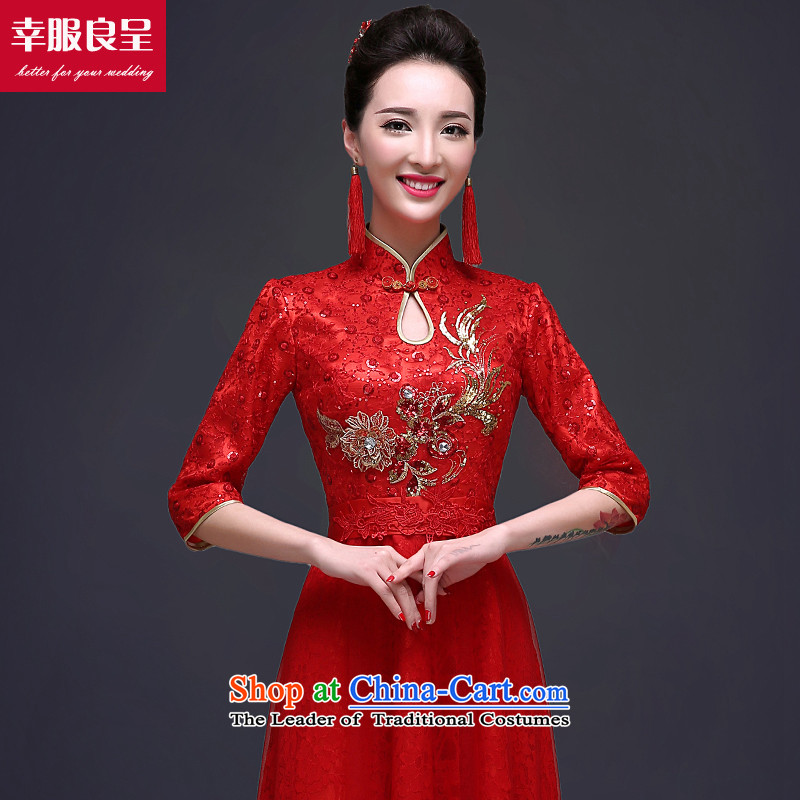 The privilege of serving-leung bows services qipao Chinese long red bride wedding dress bride wedding dress the lift mast RED M