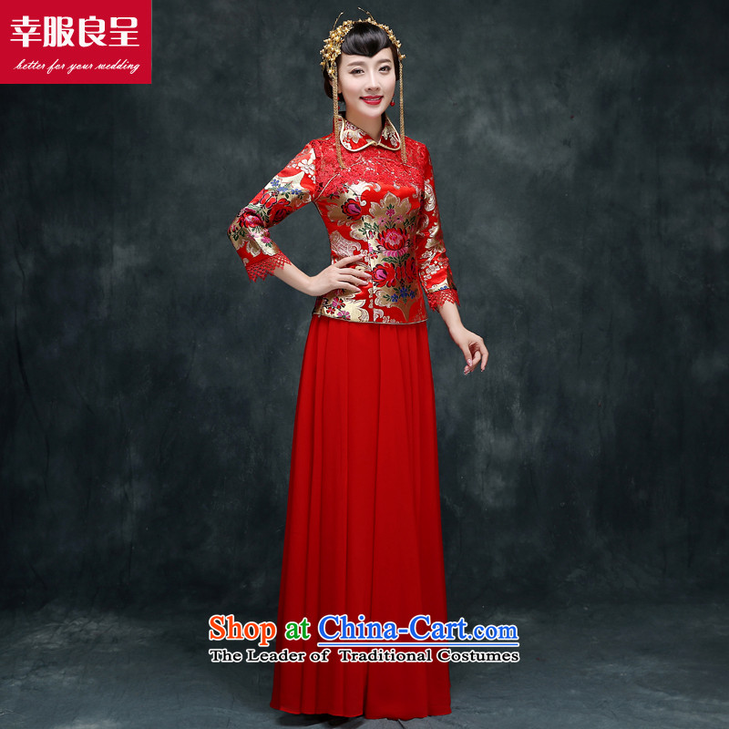 The privilege of serving the bride-leung wedding dress uniform qipao red-soo drink Wo Service Chinese wedding gown new long large 7 Cuff + model with 158 Head Ornaments?2XL