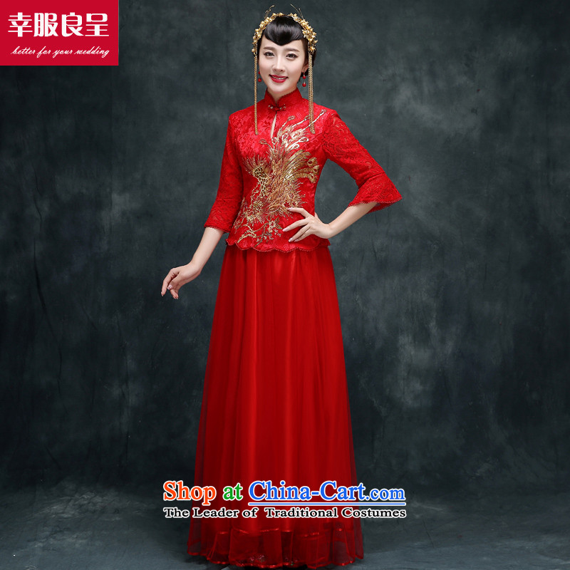 The privilege of serving good red Chinese qipao bows Service Bridal wedding dress retro improved long long-sleeved large stylish code 7 cuff long skirt + model with 158 Head Ornaments XL, honor services-leung , , , shopping on the Internet