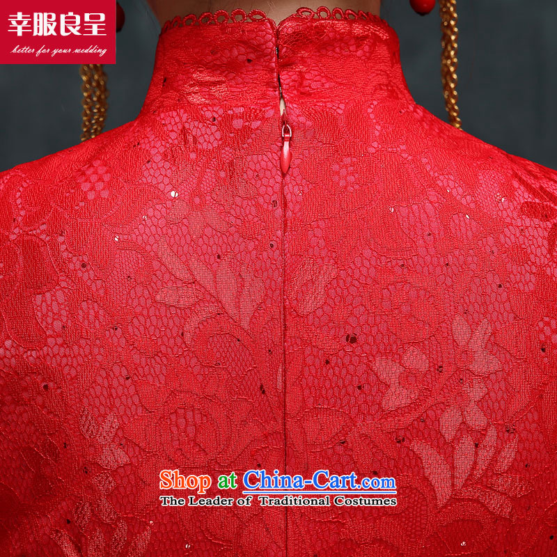 The privilege of serving good red Chinese qipao bows Service Bridal wedding dress retro improved long long-sleeved large stylish code 7 cuff long skirt + model with 158 Head Ornaments XL, honor services-leung , , , shopping on the Internet