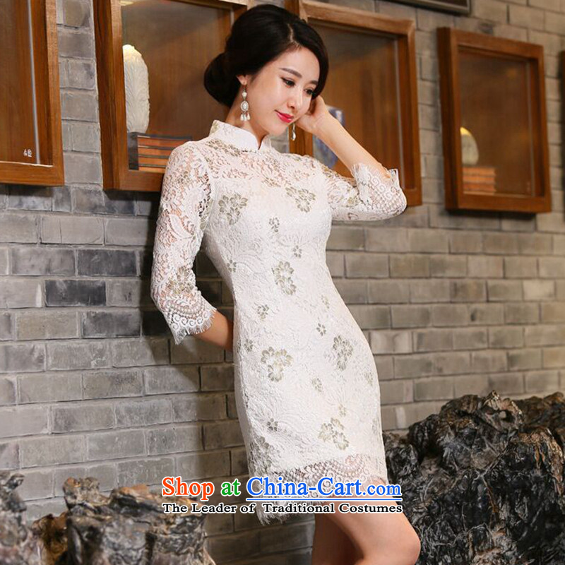 Take the new figure women fall inside the Chinese stand collar in cheongsam water-soluble lace improved 7 cuff cheongsam dress figure color M floral shopping on the Internet has been pressed.