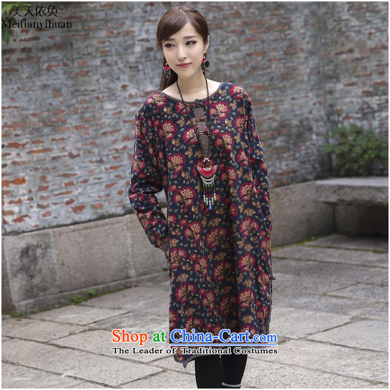 The literary van 2015 autumn and winter new women's fit side of the forklift truck in long thick cotton linen, stamp long-sleeved dresses female FZ559 large dark blue, the United States and the days will come together in accordance with the (meitianyihuan