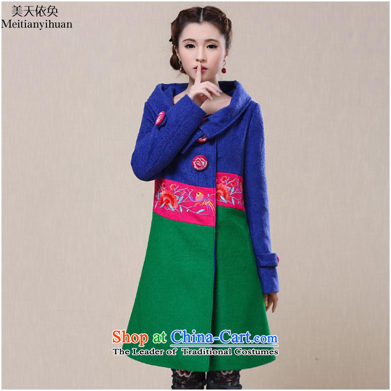The autumn and winter 2015 new ethnic color embroidered stitching knocked wool coat jacket Women?   FZ559 blue , L, the United States and in accordance with the property (meitianyihuan days) , , , shopping on the Internet
