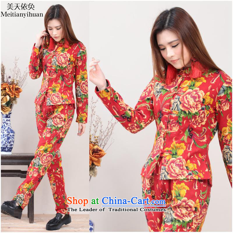 Ethnic Chinese Wind Mudan stamp tray clip jacket + Leisure pants and two piece kit plus lint-free package FZ559 RED M us day in accordance with the property (meitianyihuan) , , , shopping on the Internet