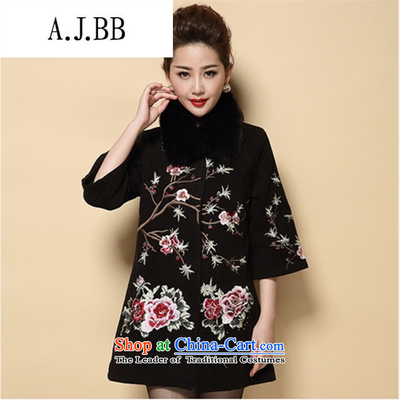 Memnarch 琊 Connie Shop large new winter in older MOM pack embroidery embroidery in long hair black jacket?5XL?