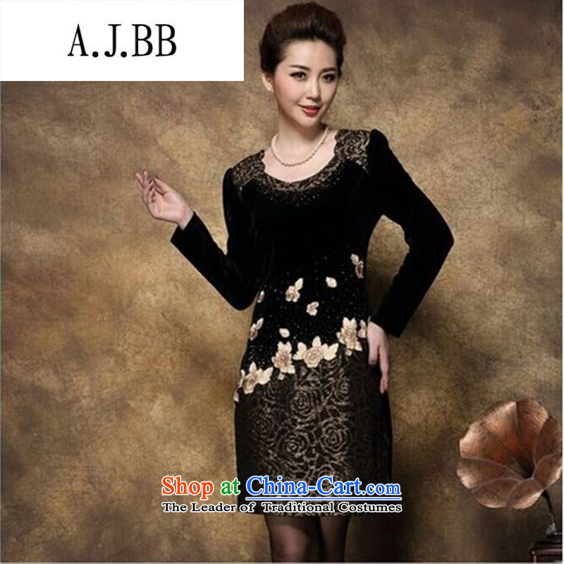 Connie shop autumn 琊 Memnarch New) Older mother large load long-sleeved Kim scouring pads embroidery stitching package and dresses black and yellow XL,A.J.BB,,, shopping on the Internet