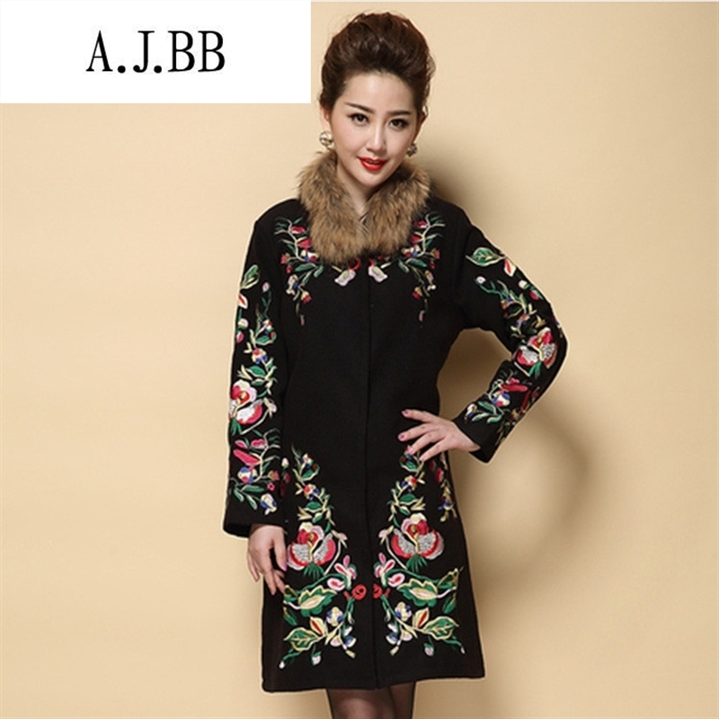 Memnarch 琊 Connie shop in winter the new elderly mother load of ethnic embroidery large embroidered a wool coat jacket black L,A.J.BB,,, shopping on the Internet