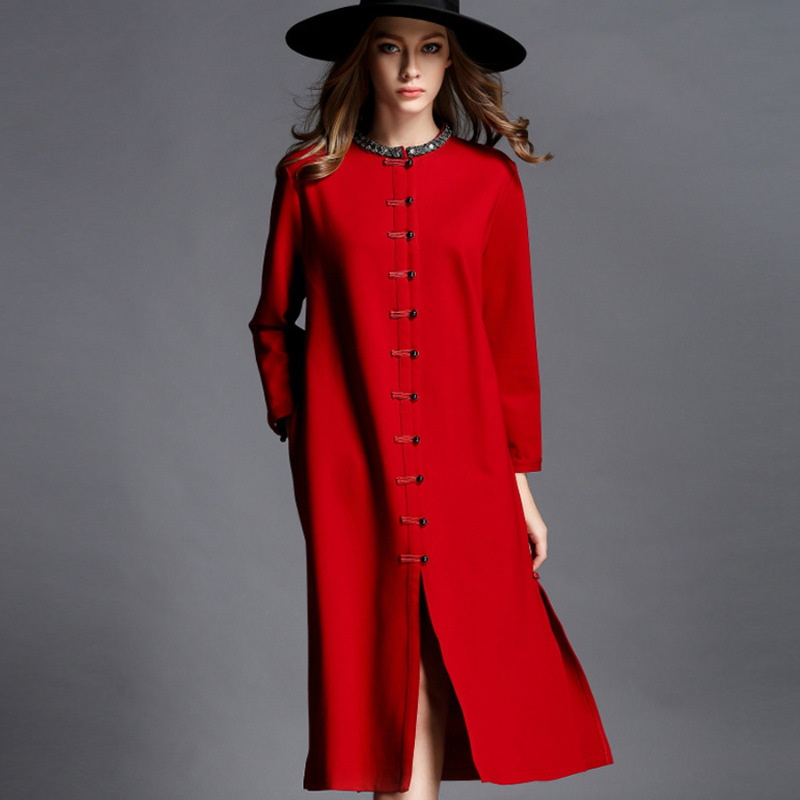The case of the 2015 winter clothing new women's improved qipao retro-Clip Pin Collar relaxd longer drill windbreaker-dresses red?XL