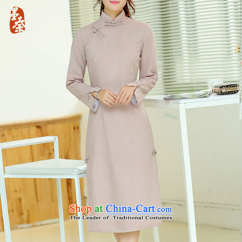 The qin designer original Fall/Winter Collections new cheongsam retro long cotton linen collar manually upgrading of solid color tie cheongsam dress mq1105015 blue qipao S ink Qin long shopping on the Internet has been pressed.