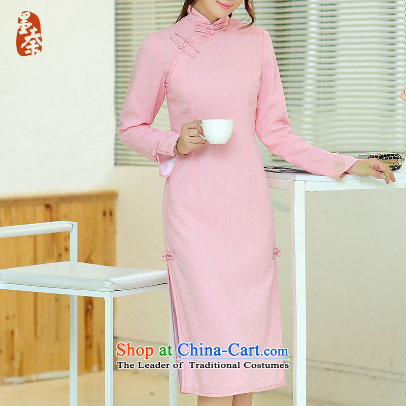 The qin designer original Fall/Winter Collections new cheongsam retro long cotton linen collar manually upgrading of solid color tie cheongsam dress mq1105015 blue qipao S ink Qin long shopping on the Internet has been pressed.