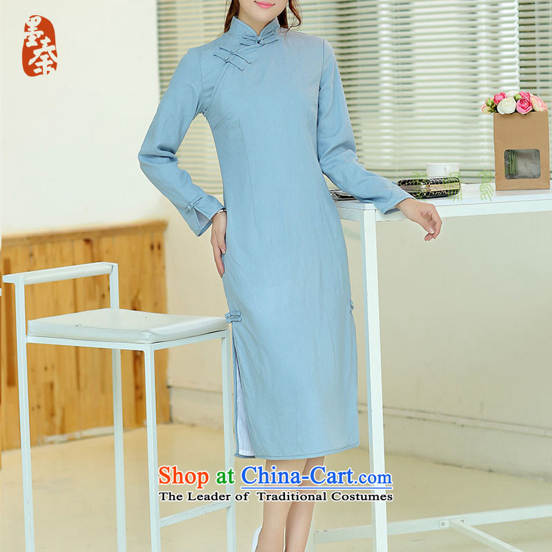 The qin designer original Fall/Winter Collections new cheongsam retro long cotton linen collar manually upgrading of solid color tie cheongsam dress mq1105017 lake blue qipao XXL, long ink Qin , , , shopping on the Internet