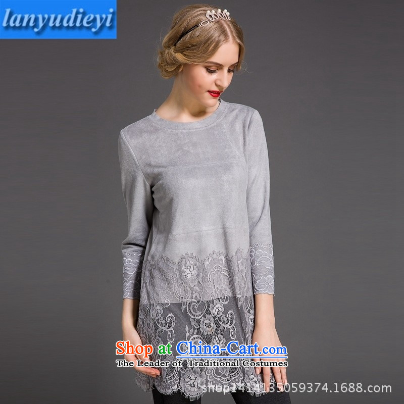 The main European site Fall 2015 for women western germany skin stitched lace in long-sleeved T-shirt, forming long gray shirt XL, blue rain butterfly according to , , , shopping on the Internet
