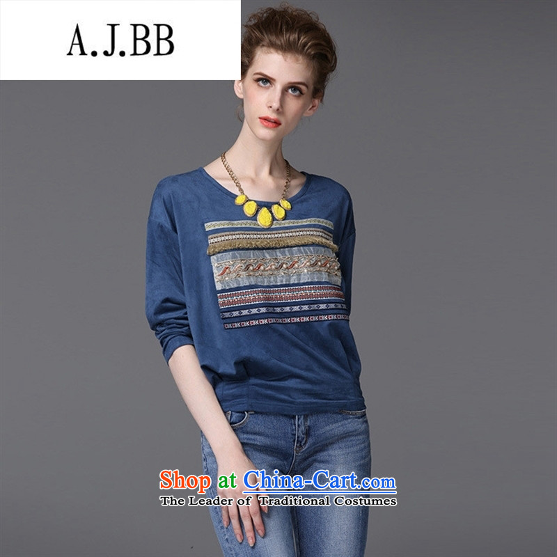 Memnarch  Connie Shop 2015 Autumn new in Europe site stamp long-sleeved T-shirt with round collar female loose blue?XL