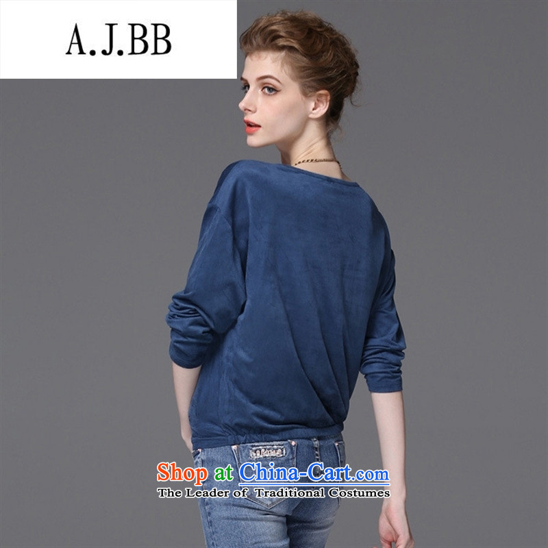 Memnarch 琊 Connie Shop 2015 Autumn new in Europe site stamp long-sleeved T-shirt with round collar female loose blue XL,A.J.BB,,, shopping on the Internet