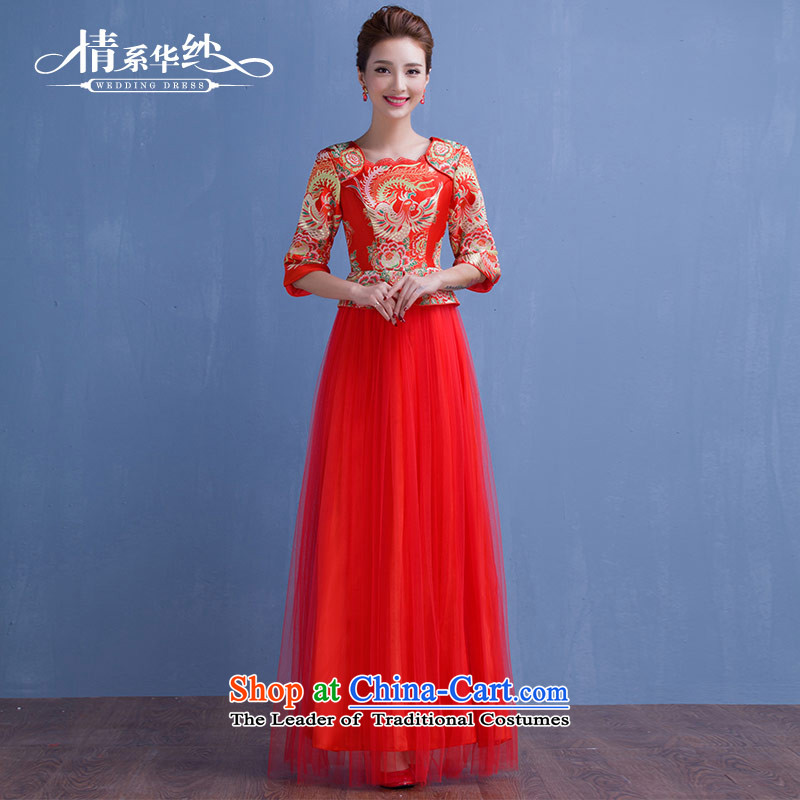 The feelings of Chinese New Year 2015 yarn of autumn and winter chinese red color bride wedding dress Sau Wo service long qipao bows large service 7 red sleeved?S