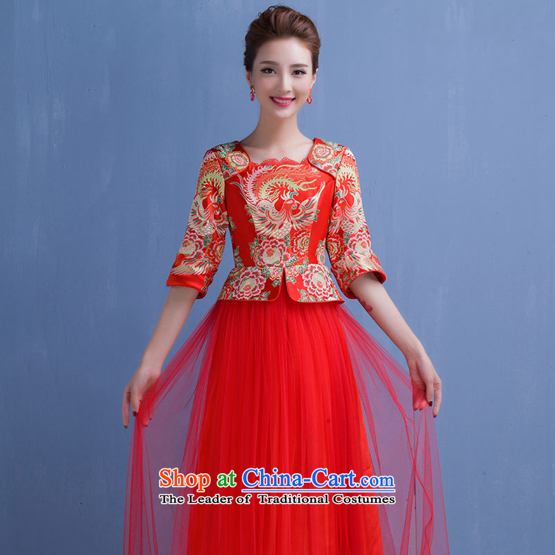 The feelings of Chinese New Year 2015 yarn of autumn and winter chinese red color bride wedding dress Sau Wo service long qipao bows large services 7 S, of the red sleeved Wah yarn , , , shopping on the Internet
