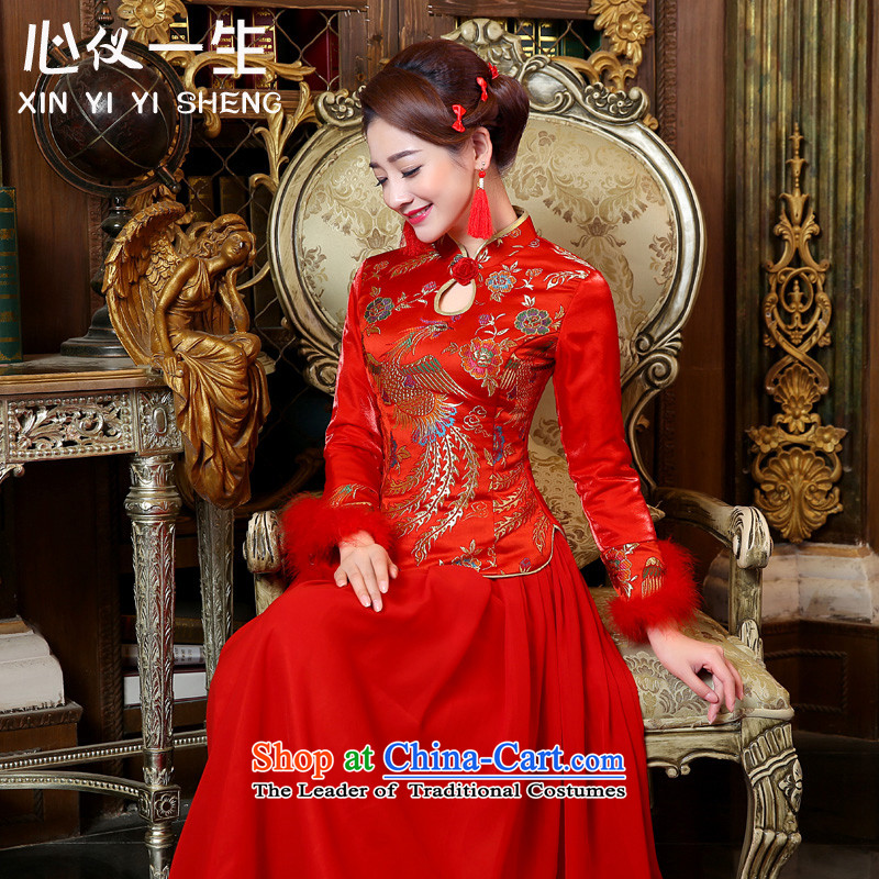 A heart is the bride wedding dress 2015 winter plus cotton new red marriage services improved long-sleeved stylish bows retro cheongsam dress long red heart is a L (xinyiyisheng) , , , shopping on the Internet