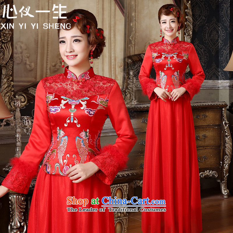 On the first of the wedding dress 2015 Winter New Red Lace Embroidery service long-sleeved improvements marriage bows of nostalgia for the long load cotton dress qipao red?L